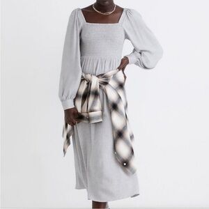 Madewell lucie long sleeve smocked midi dress in wool gauze.